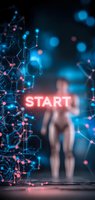 Futuristic digital interface with glowing START button and network connections in blue and pink tones against dark background.