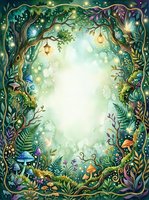 Enchanted forest frame with magical glowing lights, mushrooms, ferns and lanterns creating mystical border for fairy tale designs and fantasy projects.