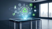 Futuristic holographic display showing green recycling and sustainability icons floating above modern table in office environment for eco-friendly technology concepts.