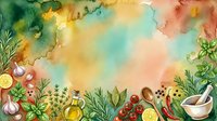 Watercolor culinary frame with fresh herbs, vegetables, spices and cooking ingredients on colorful background for recipe cards and food design projects.