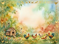 Watercolor farm scene with roosters, hens, and cottage surrounded by blooming flowers and foliage, featuring decorative border frame. Suitable for farmhouse decor, greeting cards, and rustic design projects.