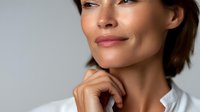 Close-up portrait of mature woman with natural makeup and short brown hair against light background, hand thoughtfully placed under chin.