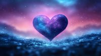 Cosmic heart shape filled with starry galaxy pattern floating in mystical night sky with aurora borealis colors and glowing stars. Romantic fantasy background.