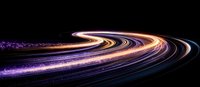 Glowing light trails curve along dark background creating dynamic motion effect in purple, orange and white colors. Abstract long exposure photography.