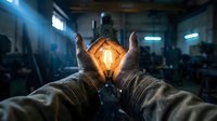 Hands holding glowing light bulb in industrial workshop setting representing innovation, creativity and bright ideas for business solutions.