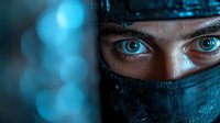 Close-up portrait of young woman with striking blue eyes wearing black face covering in dramatic blue lighting for mystery and intrigue concepts.
