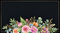 Watercolor floral arrangement with roses and greenery on dark background, framed with gold border for wedding invitations and cards.