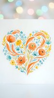 Watercolor floral heart with orange poppies and blue flowers on white paper background for romantic greeting cards and wedding invitations.