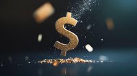 Golden dollar sign crumbling and disintegrating with particles and dust against dark background, dramatic lighting effect creates financial concept atmosphere.