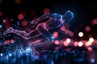 Glowing particle silhouette of athlete running fast through water surface with motion blur effect and bokeh lights in dark blue and pink colors.