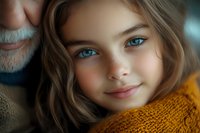 Young girl with light brown hair and blue eyes wearing a mustard-colored sweater, posing with an older man with gray beard in warm, intimate family portrait setting.