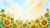 Watercolor sunflower border frame with yellow blooms and green leaves on soft pastel sky background for greeting cards and seasonal designs.