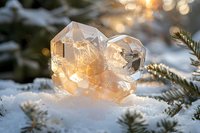 Glowing crystal formations nestled in snowy evergreen branches create magical winter ambiance with warm golden lights and festive holiday atmosphere.
