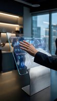 Businessperson using futuristic transparent touchscreen display with data analytics and charts in modern office environment for digital transformation.