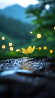 Yellow wildflower with water drops growing on rock at dusk, mountain silhouette in background with soft bokeh lights creating magical atmosphere in nature.