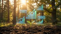 Young green plant seedling growing from soil with digital growth charts and financial graphs overlay in sunlit forest background for business success concepts.