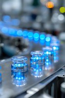 Glowing blue glass insulators on industrial production line with soft bokeh effect in background, manufacturing quality control process in modern factory setting.
