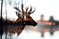 Double exposure deer silhouette with winter forest and city lights creating magical artistic composition for nature and urban contrast designs.
