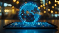 Glowing blue holographic Earth globe floating above digital tablet with particle effects and bokeh lights in dark background, representing global connectivity.