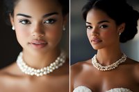 Young African American bride wearing pearl necklace and earrings in elegant bridal portrait. Natural makeup and classic updo hairstyle against dark background.