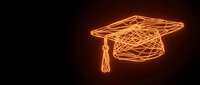 Glowing neon graduation cap with tassel on dark background, representing education, academic achievement, and learning success for graduation designs.