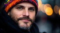 Bearded Caucasian man in colorful winter hat smiling at camera with soft bokeh lights in background, expressing warmth and authenticity in outdoor evening setting.