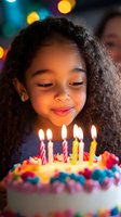 Young African American girl blowing out birthday candles on colorful cake with warm lighting and bokeh background for celebration concepts.