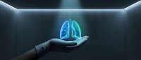Medical professional holding glowing holographic lungs in futuristic healthcare technology concept for respiratory medicine and pulmonology treatment.