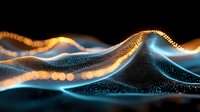 Glowing digital wave landscape with orange and blue particle effects on black background creates futuristic terrain visualization with luminous dots and lines.