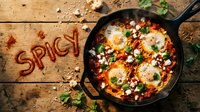 Shakshuka eggs poached in spicy tomato sauce with feta and herbs in cast iron skillet on rustic wood, word spicy made from spices.