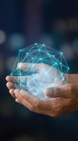 Hand holding glowing digital network sphere with interconnected lines representing data connectivity, technology innovation, and global communication for business solutions.