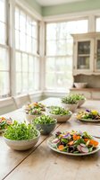 Fresh green salads with microgreens and edible flowers served in bowls on a rustic wooden table in a bright farmhouse kitchen.