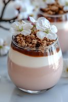 Layered dessert with granola, caramel and yogurt in glass, decorated with white cherry blossom flowers on marble background. Food styling concept.