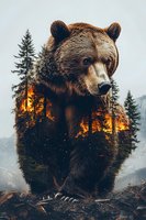 Brown bear with forest and wildfire double exposure, wildlife merged with burning trees and nature landscape for environmental awareness campaigns.