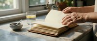 Elderly hands turning pages of vintage book on wooden table near window with warm natural light creating peaceful reading atmosphere at home.