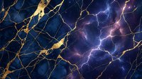 Abstract cosmic marble texture with golden veins and electric lightning effects on deep blue purple background for luxury design projects.