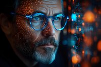 Middle-aged Caucasian man with gray beard wearing blue glasses illuminated by glowing digital particles and bokeh lights in dark atmospheric cyberpunk style portrait.