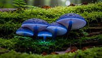 Blue bioluminescent mushrooms glowing on mossy forest floor with ferns, fantasy fungi in natural woodland setting for nature and botanical designs.