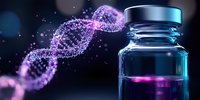 Glowing DNA helix strand emerging from medical vial with purple luminescent particles on dark background, representing genetic research and biotechnology advancement.