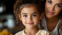 Young girl with brown hair and fair complexion smiling at camera with adult woman, mother or caregiver, in blurred home interior. Family bonding, parenting, childcare, and togetherness concept.