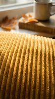 Freshly baked corrugated waffle with golden ridges in close-up, displayed on wooden surface with metal mug and autumn leaves in soft background light.