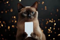 Siamese cat holding blank white card with paws against dark background with golden bokeh lights, perfect for advertising, greeting cards, and promotional messaging.