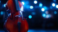 Classical wooden cello against blurred blue bokeh lights background, close-up view of musical instrument with dramatic lighting and artistic composition.