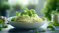 Fresh spaghetti pasta with creamy pesto sauce and basil leaves served in white ceramic bowl on dark background, food photography styling.