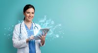 Female doctor using digital tablet with medical icons and data visualization on turquoise background for healthcare technology and telemedicine applications.