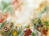 Watercolor cooking scene with fresh vegetables, herbs, olive oil, and wooden utensils arranged on white background. Flat lay food styling for culinary, recipe, and kitchen design projects.