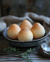 Fresh sesame seed buns in rustic ceramic bowl on wooden table with herbs and linen cloth creating cozy bakery atmosphere for culinary projects.