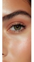 Close-up of green eye with natural makeup, defined eyebrow, and subtle freckles on glowing skin showing professional beauty and cosmetic application technique.