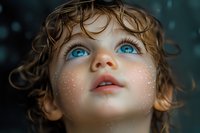Young child with bright blue eyes and curly blonde hair gazing upward in wonder, face adorned with light sparkles against dark atmospheric background.