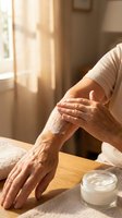 Senior woman applying moisturizing cream on hands in warm sunlit room for daily skincare routine and anti-aging treatment.